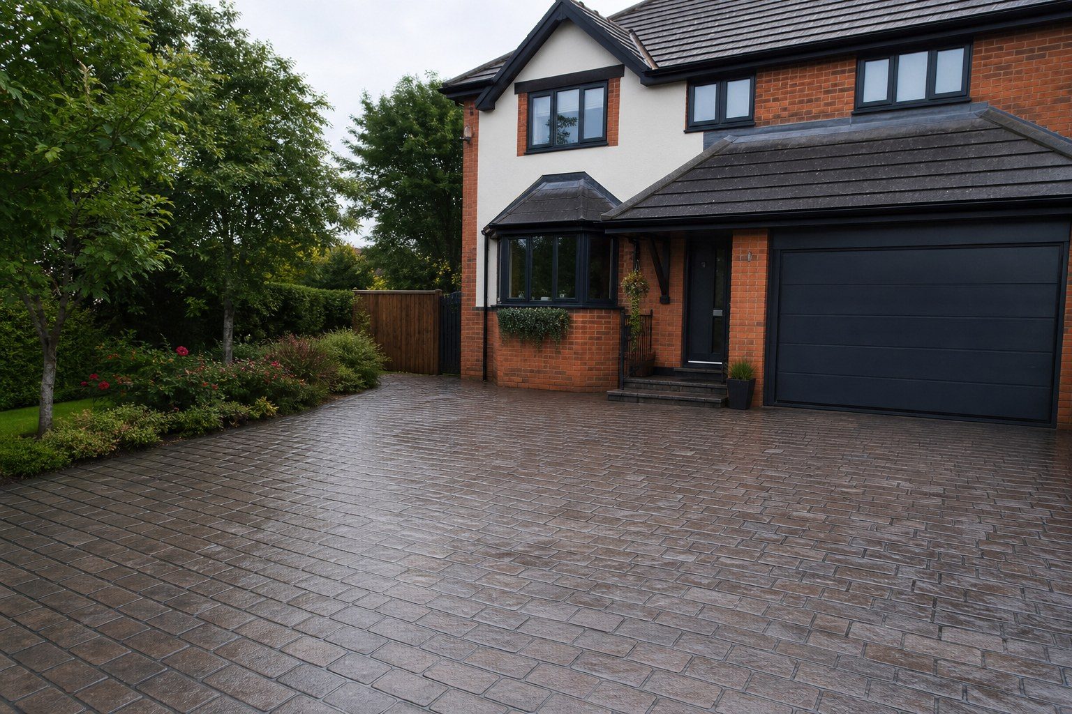 Cleaned imprinted concrete driveway outside a modern detached house